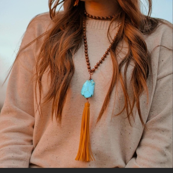 Turquoise and Gold Tassel Necklace - Picture 1 of 6